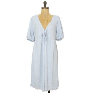 Good Luck Gem V-Neck Bow Puff Sleeve Mini Dress Size XL Light Blue NWT B33